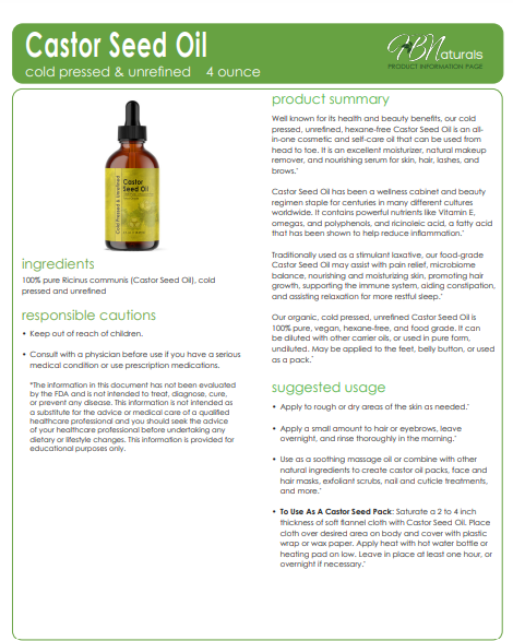 Castor seed oil bottle and small dropper oil bottle with product information panel