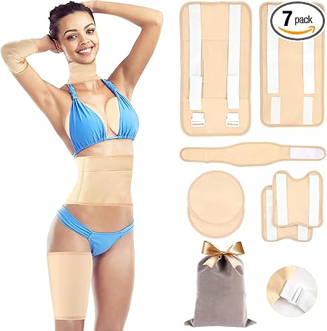 7-piece body wrap set with beige fabric panels and elastic straps