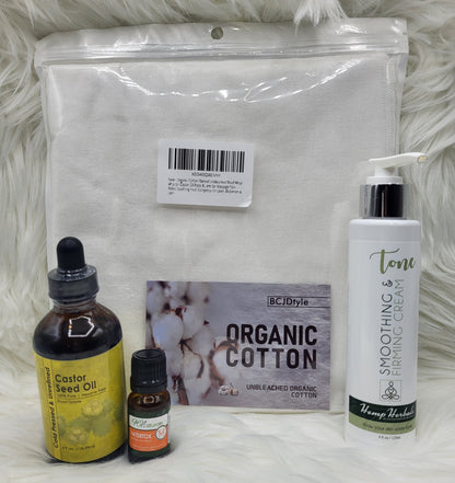 Organic cotton wrap pouch with castor oil bottles and smoothing cream pump on soft fur