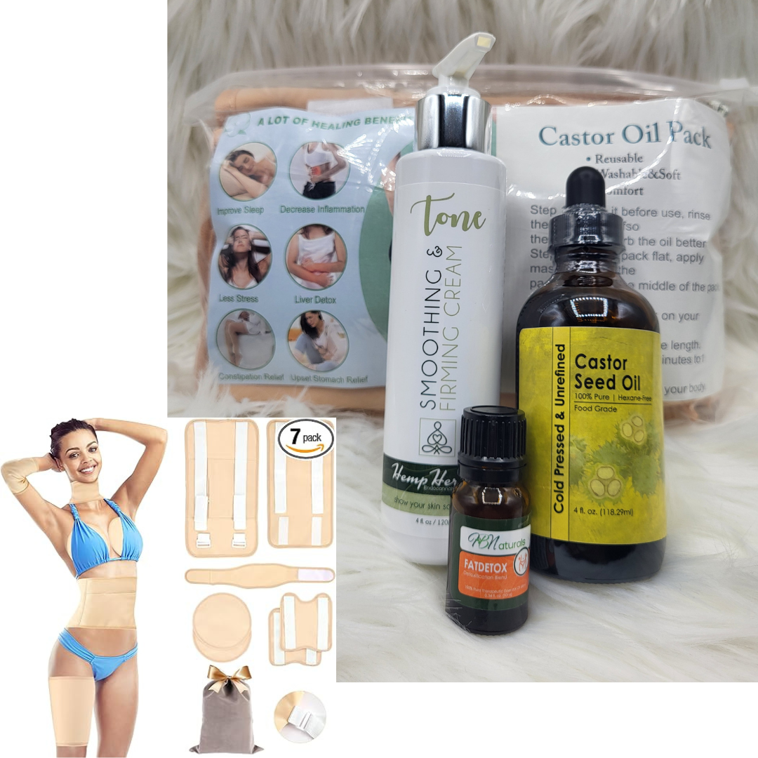 7-piece wrap kit with castor seed oil, detox oil, and smoothing cream pump