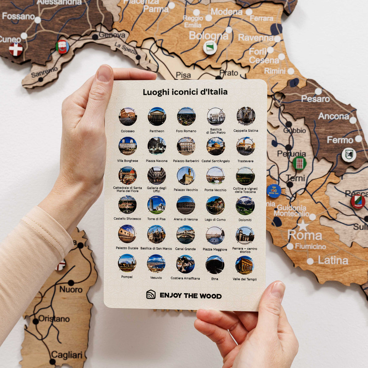 Italy landmarks pin set on a card, showing multiple round monument pins