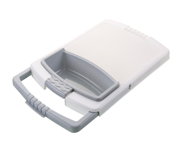 Plastic chopping board with white lid and gray draining tray insert