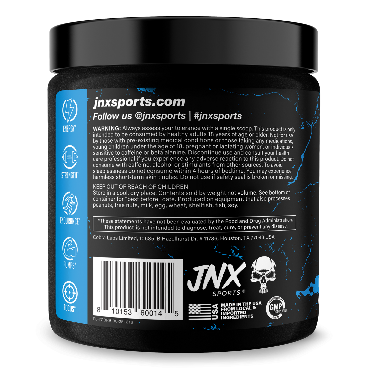 Pre-workout supplement tub, Blue Raspberry back label with nutrition and ingredients