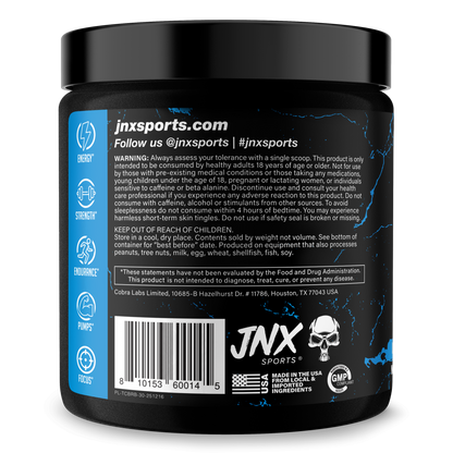 Pre-workout supplement tub, Blue Raspberry back label with nutrition and ingredients