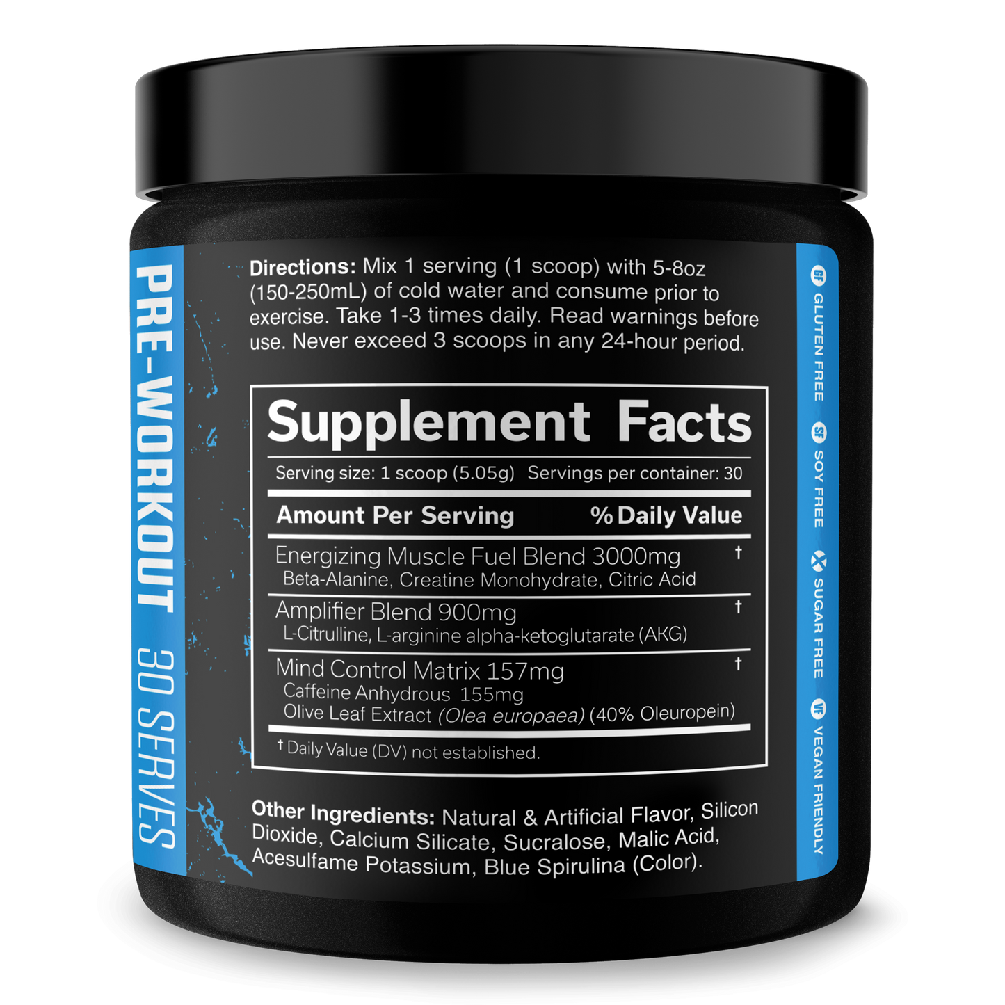 Pre-workout supplement facts panel for 30 servings on Blue Raspberry tub