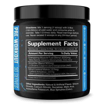 Pre-workout supplement facts panel for 30 servings on Blue Raspberry tub