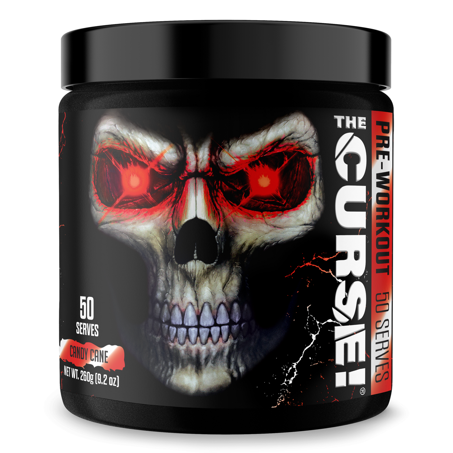 Pre-workout supplement tub with skull artwork and Candy Cane flavor panel