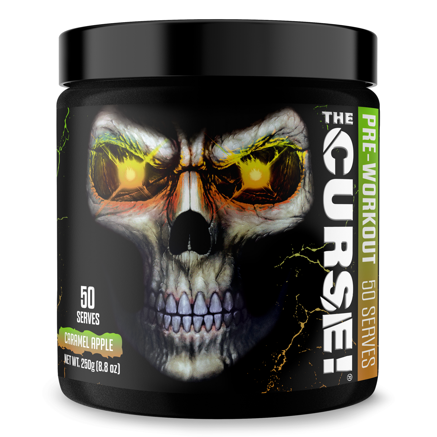 Pre-workout supplement tub with green skull graphic and caramel apple flavor mark