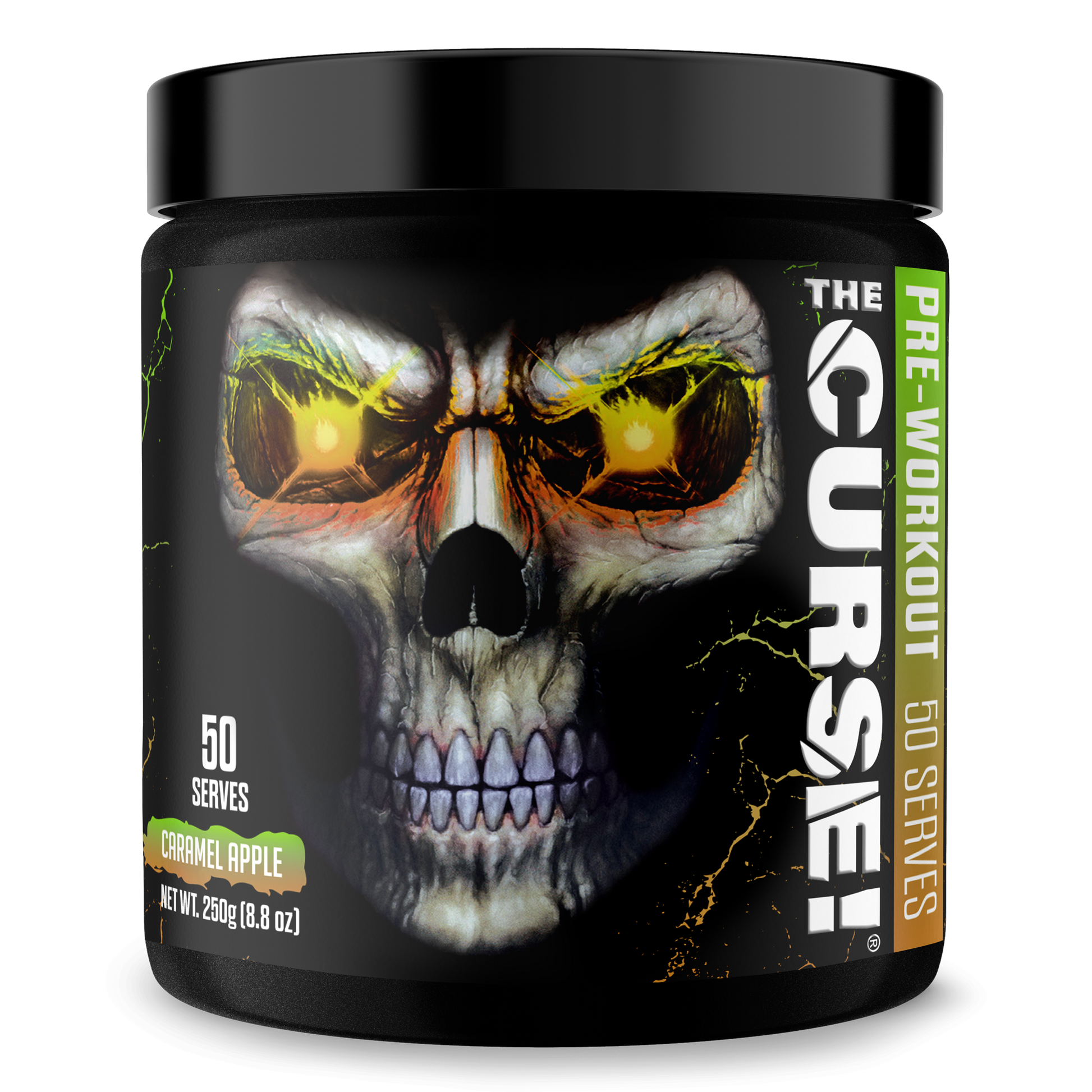 Pre-workout supplement tub with green skull graphic and caramel apple flavor mark