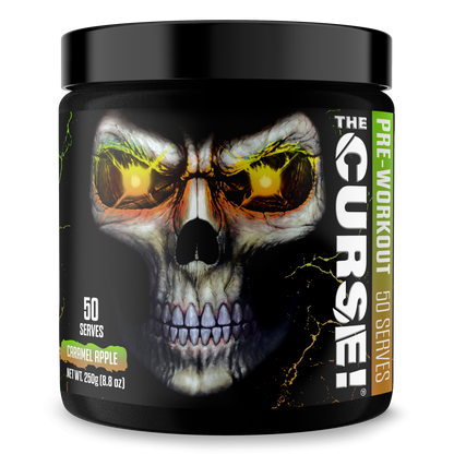 Pre-workout supplement tub with green skull graphic and caramel apple flavor mark