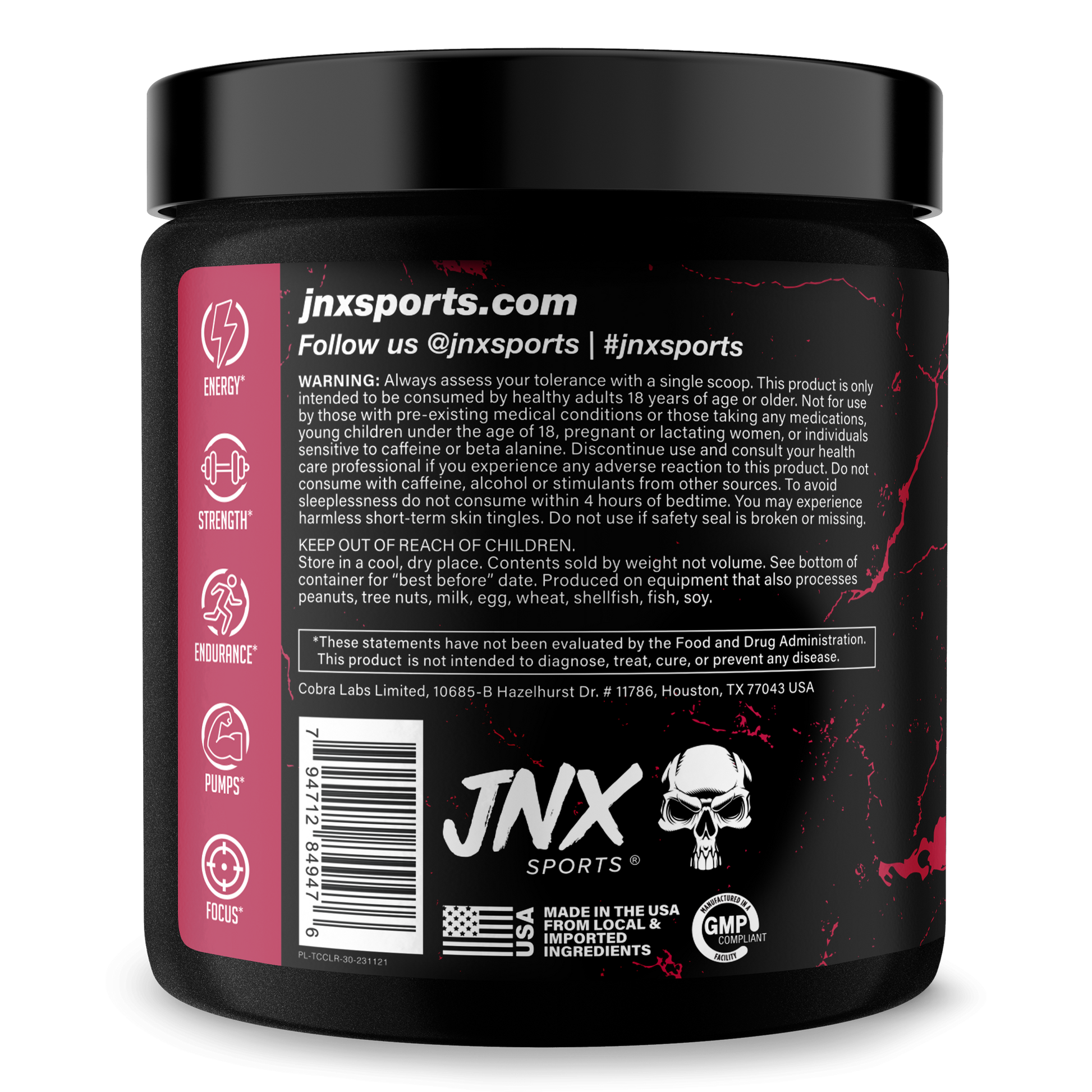 Pre-workout supplement tub, Cherry Limeade back label with nutrition and ingredients