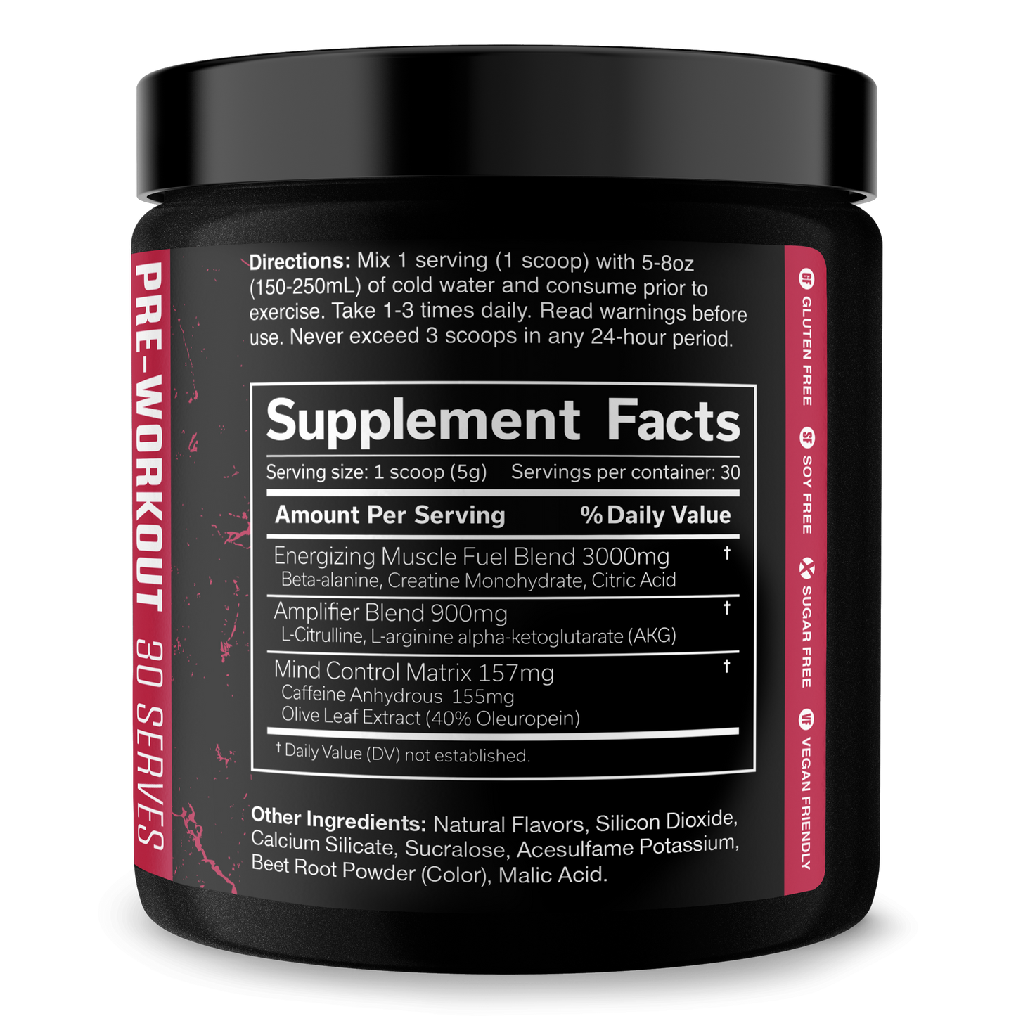 Pre-workout supplement facts panel for 30 servings on Cherry Limeade tub