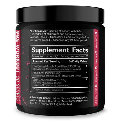 Pre-workout supplement facts panel for 30 servings on Cherry Limeade tub