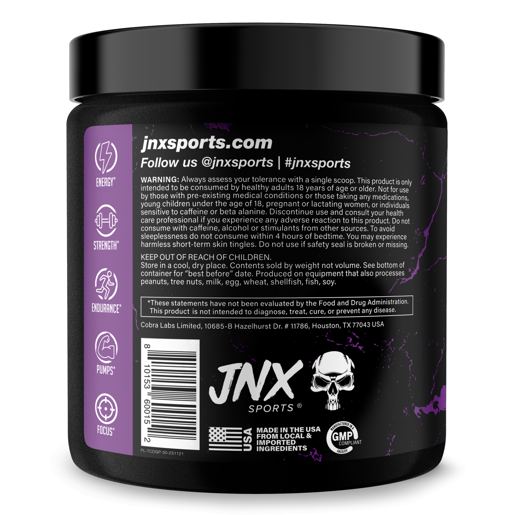 Pre-workout supplement tub, Dark Grape back label with nutrition and ingredients