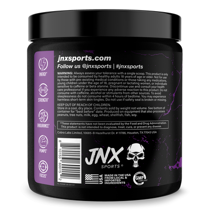 Pre-workout supplement tub, Dark Grape back label with nutrition and ingredients