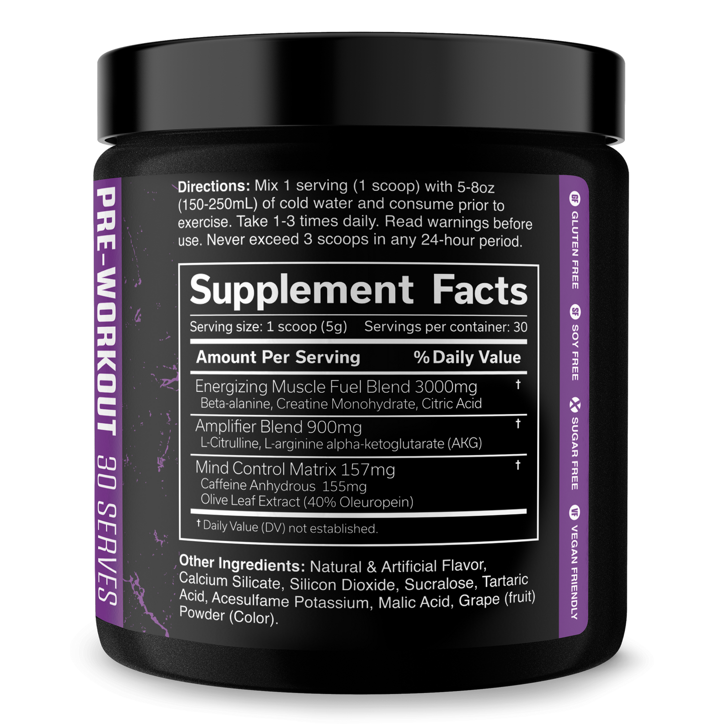 Pre-workout supplement facts panel for 30 servings on Dark Grape tub