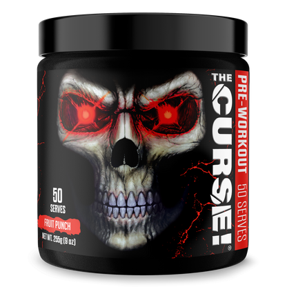 Pre-workout supplement jar, skull graphic, Fruit Punch flavor, 50 servings.