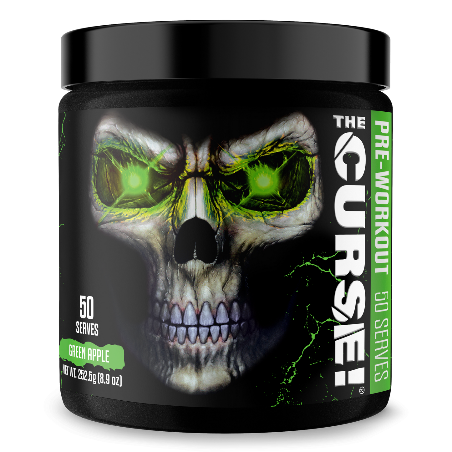 Pre-workout supplement jar with green apple flavor skull graphic on front