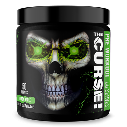 Pre-workout supplement jar with green apple flavor skull graphic on front