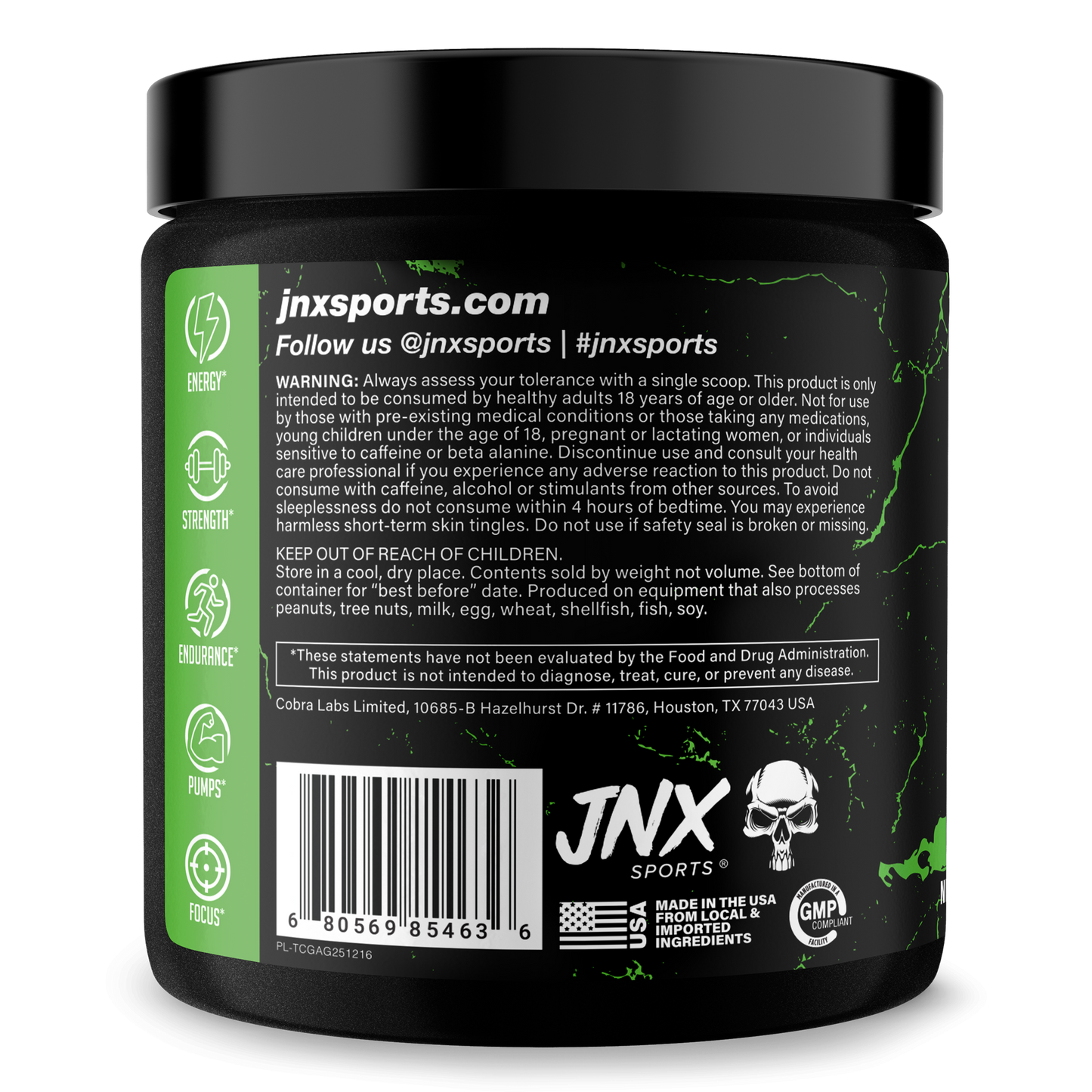 Pre-workout supplement jar, back label with barcode and JNX Sports branding