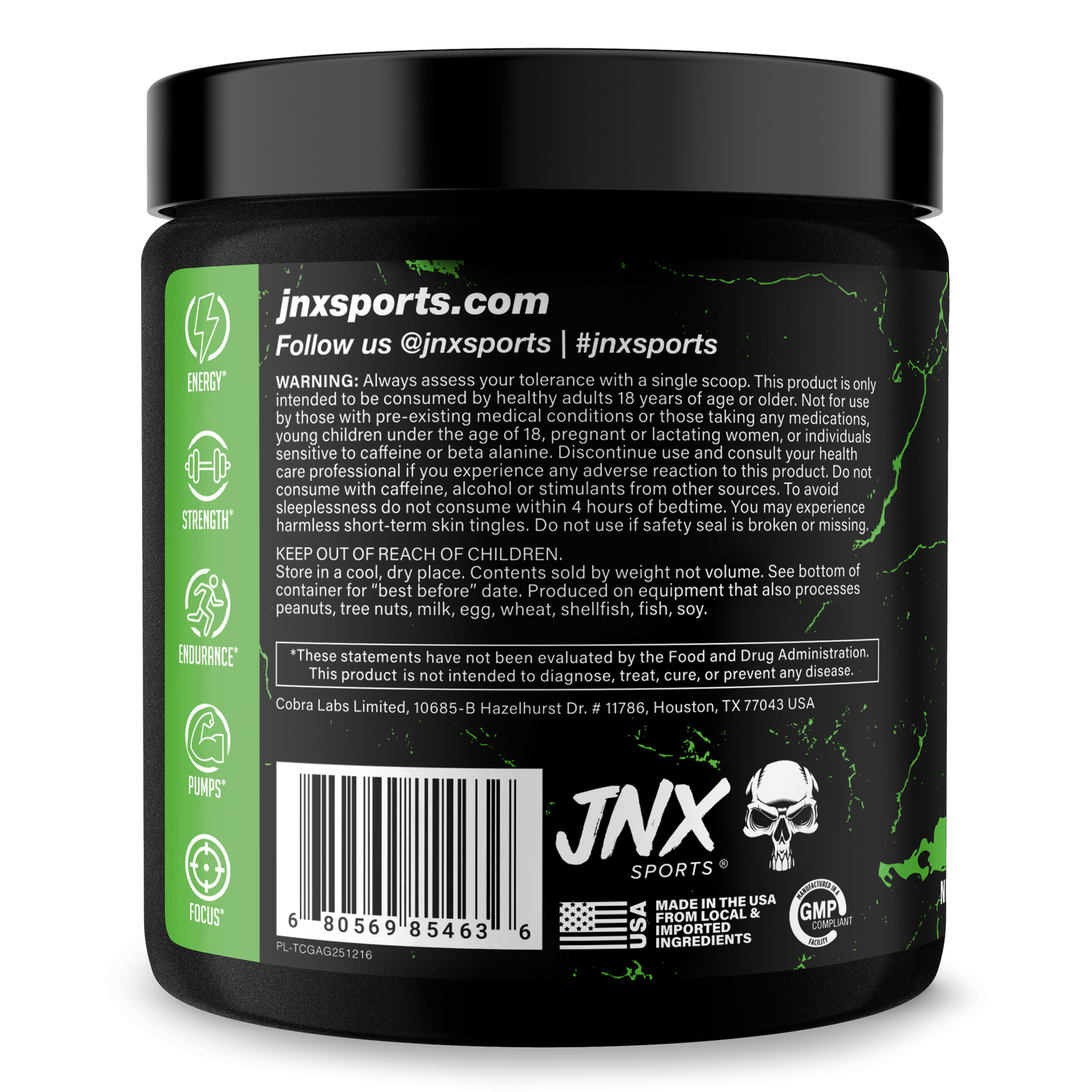Pre-workout supplement jar, back label with barcode and JNX Sports branding