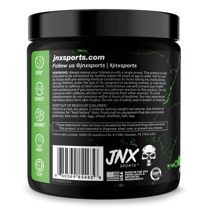 Pre-workout supplement jar, back label with barcode and JNX Sports branding