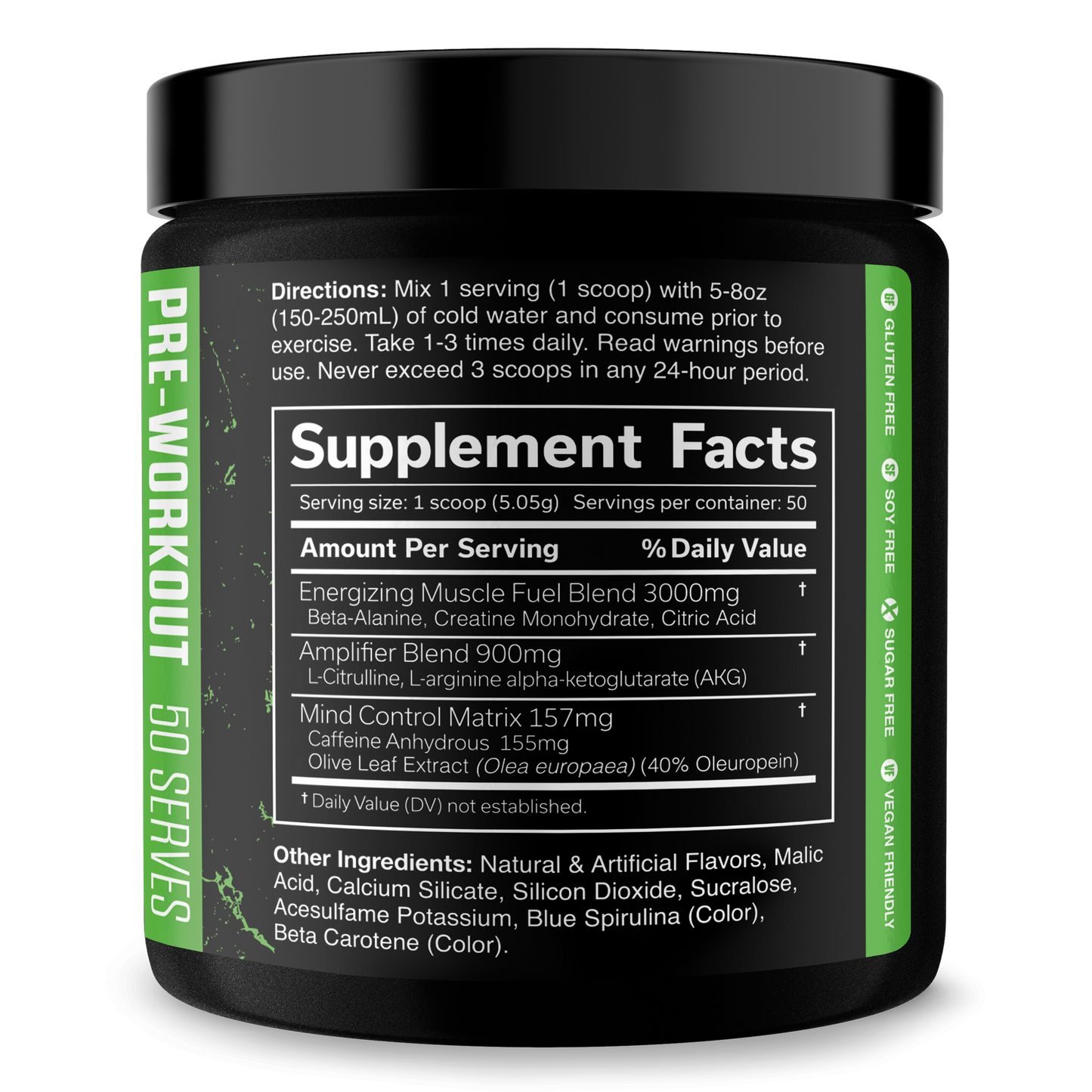 Pre-workout supplement jar, green Supplement Facts label with ingredients list