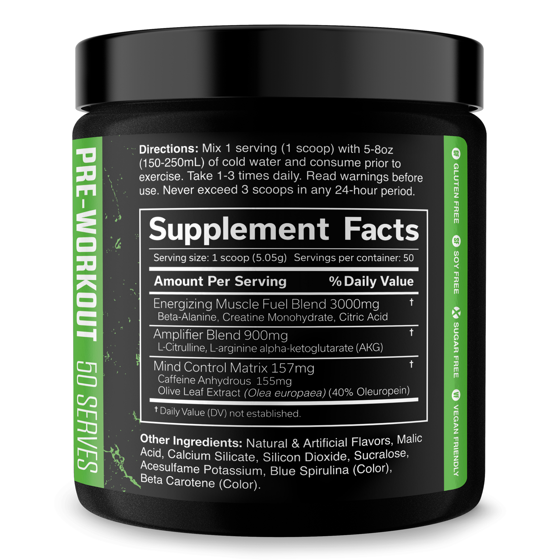 Pre-workout supplement jar, green Supplement Facts label with ingredients list