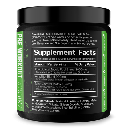 Pre-workout supplement jar, green Supplement Facts label with ingredients list