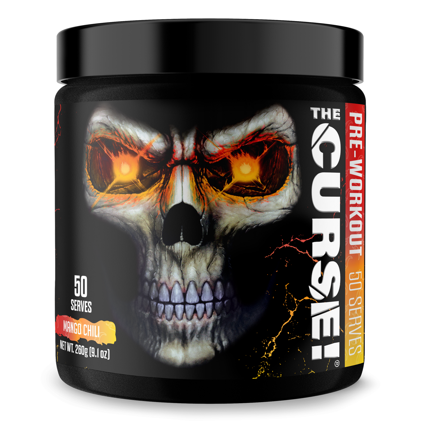 Pre-workout supplement tub with Mango Chili flavor label and skull eye artwork