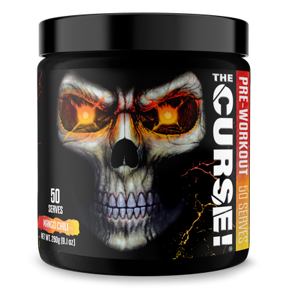 Pre-workout supplement tub with Mango Chili flavor label and skull eye artwork