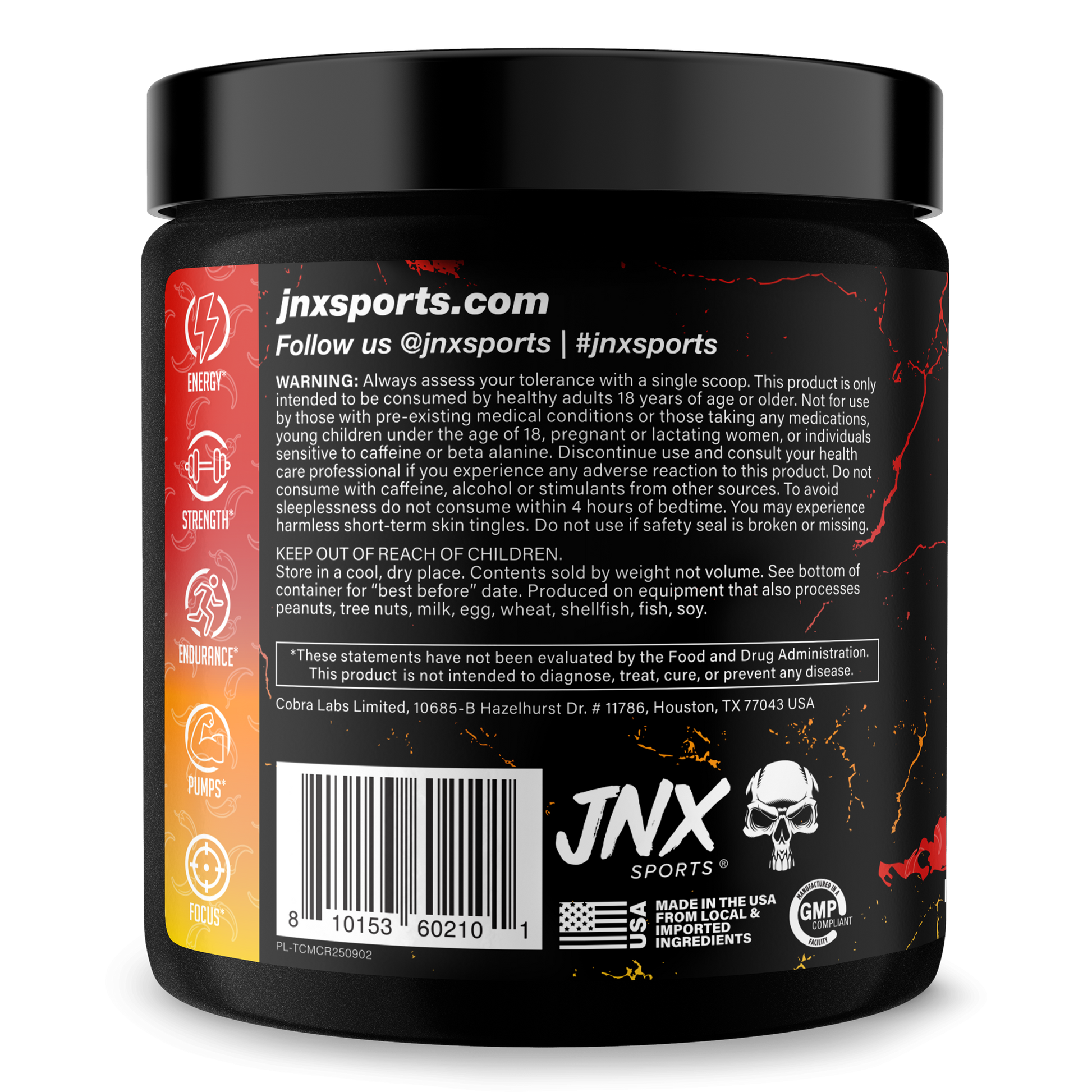 Pre-workout supplement tub with back label text, barcode, and JNX Sports branding