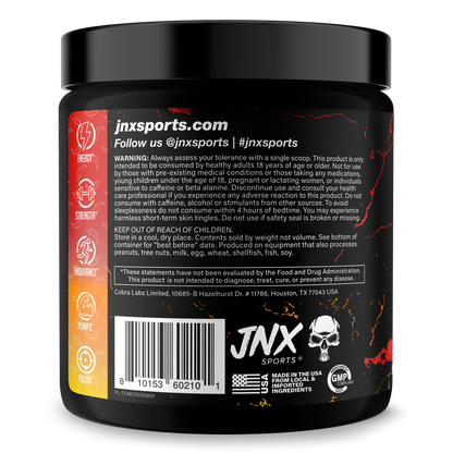 Pre-workout supplement tub with back label text, barcode, and JNX Sports branding