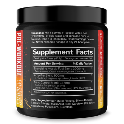Pre-workout supplement tub with Supplement Facts panel and ingredient list in orange accents