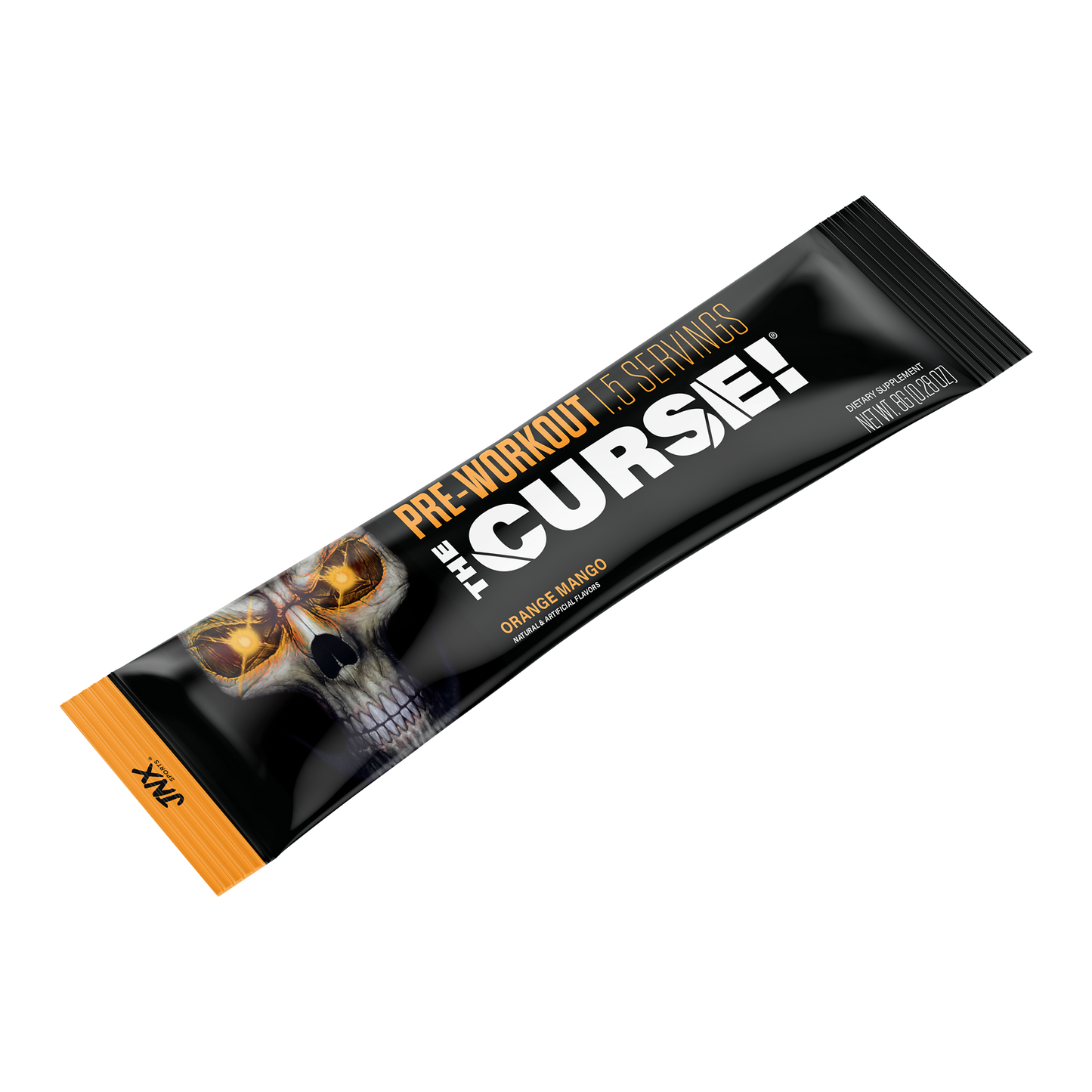 Pre-workout supplement stick, Orange Mango flavor, black tube with orange end