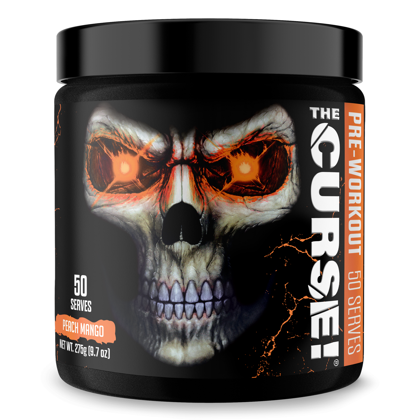 Pre-workout supplement tub with orange skull face graphic and peach mango flavor mark