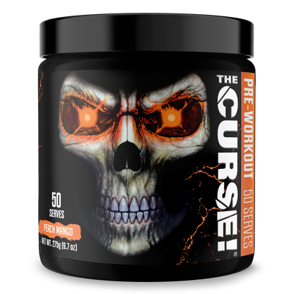 Pre-workout supplement tub with orange skull face graphic and peach mango flavor mark