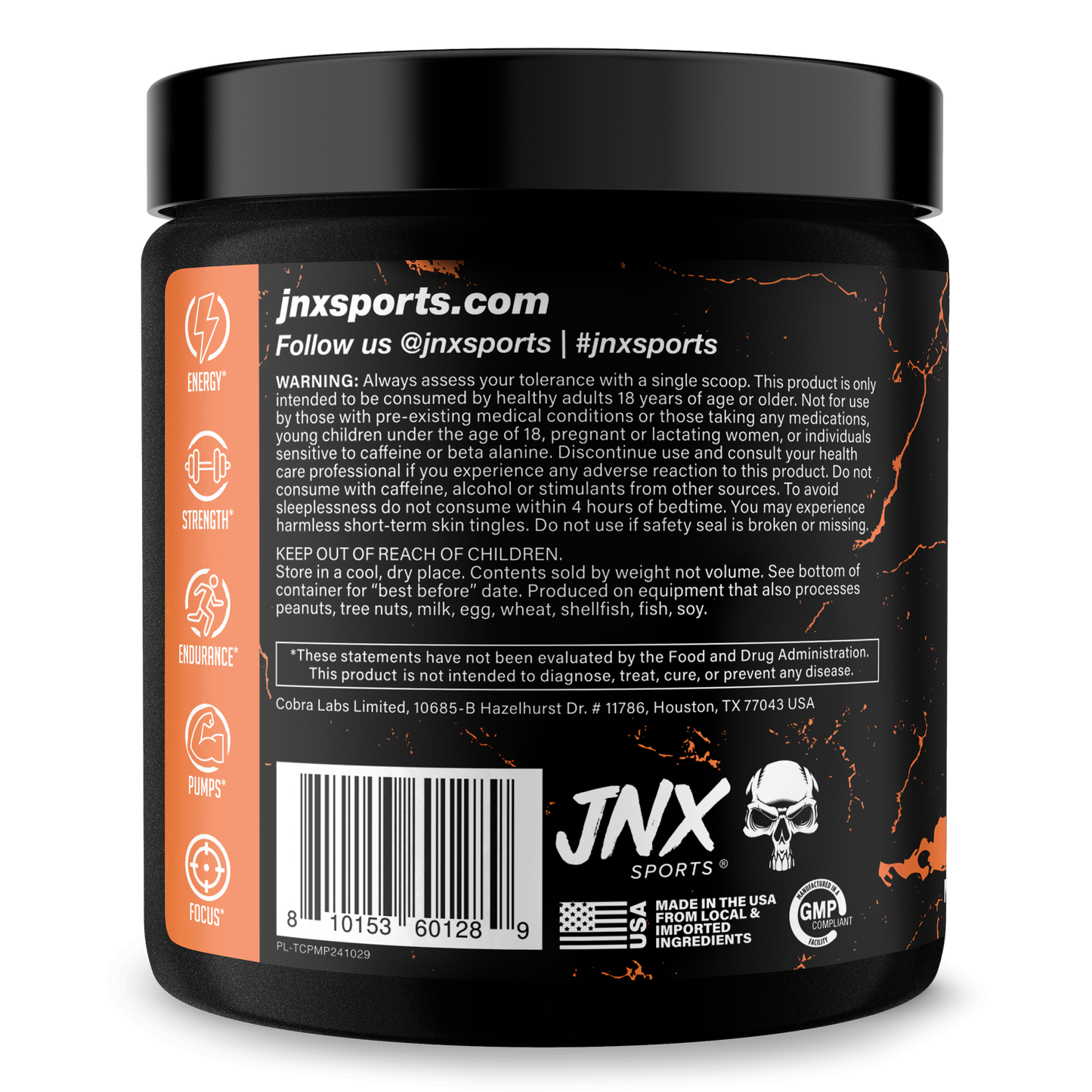 Pre-workout supplement tub side panel with jnxsports.com text and barcode label