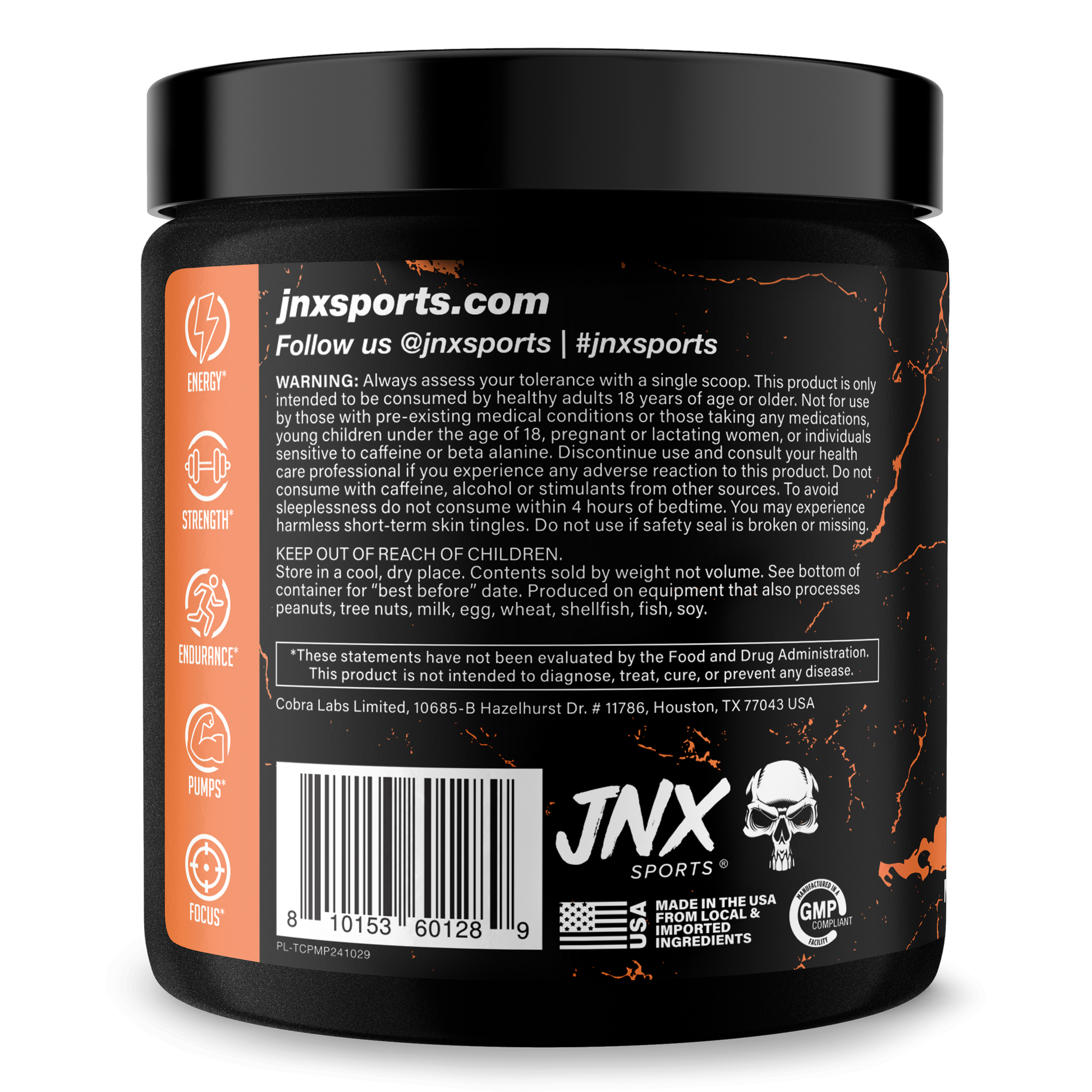 Pre-workout supplement tub side panel with jnxsports.com text and barcode label