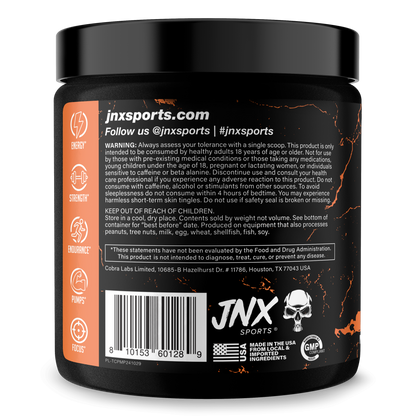 Pre-workout supplement tub side panel with jnxsports.com text and barcode label