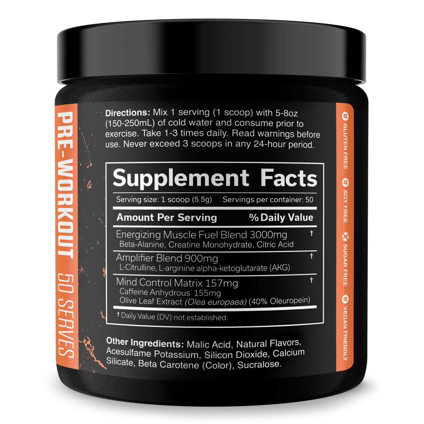 Pre-workout supplement tub back label with Supplement Facts and ingredient list