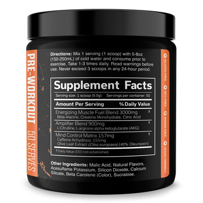 Pre-workout supplement tub back label with Supplement Facts and ingredient list