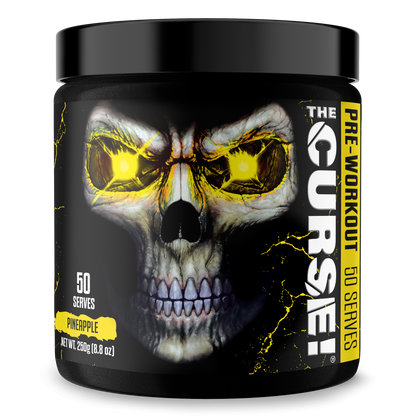 Pre-workout supplement tub with skull graphic, yellow eyes, Pineapple flavor