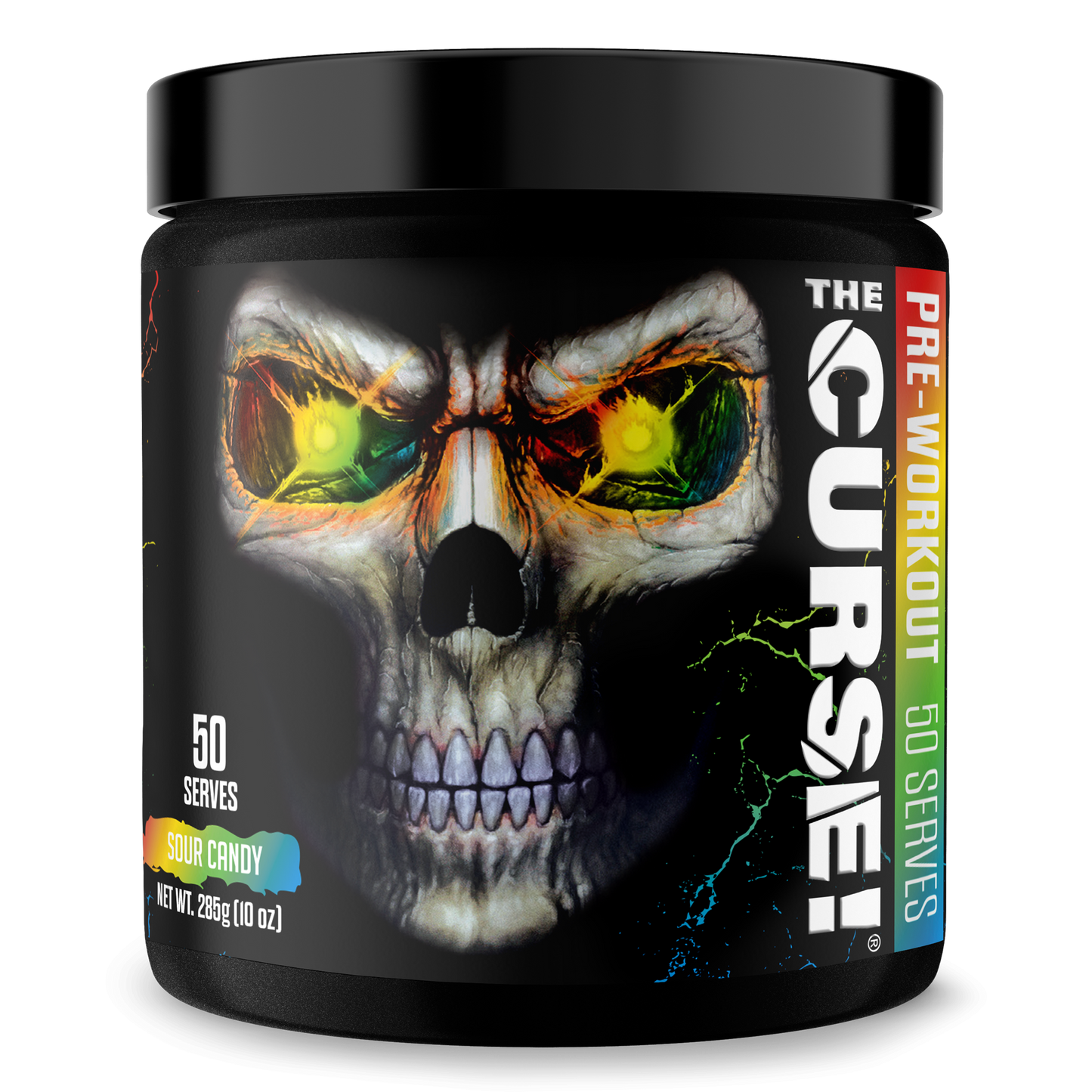 Pre-workout supplement tub with Sour Candy flavor label and skull eye artwork
