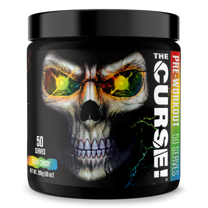 Pre-workout supplement tub with Sour Candy flavor label and skull eye artwork