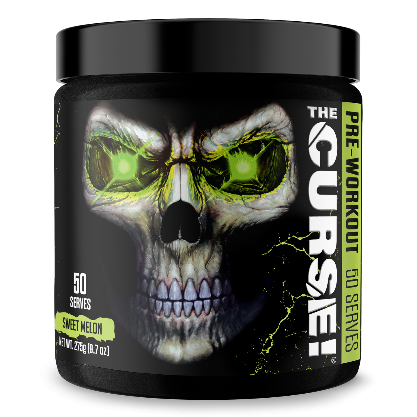 Pre-workout supplement jar with sweet melon flavor skull graphic on front
