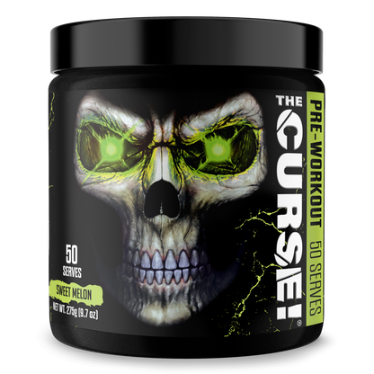 Pre-workout supplement jar with sweet melon flavor skull graphic on front