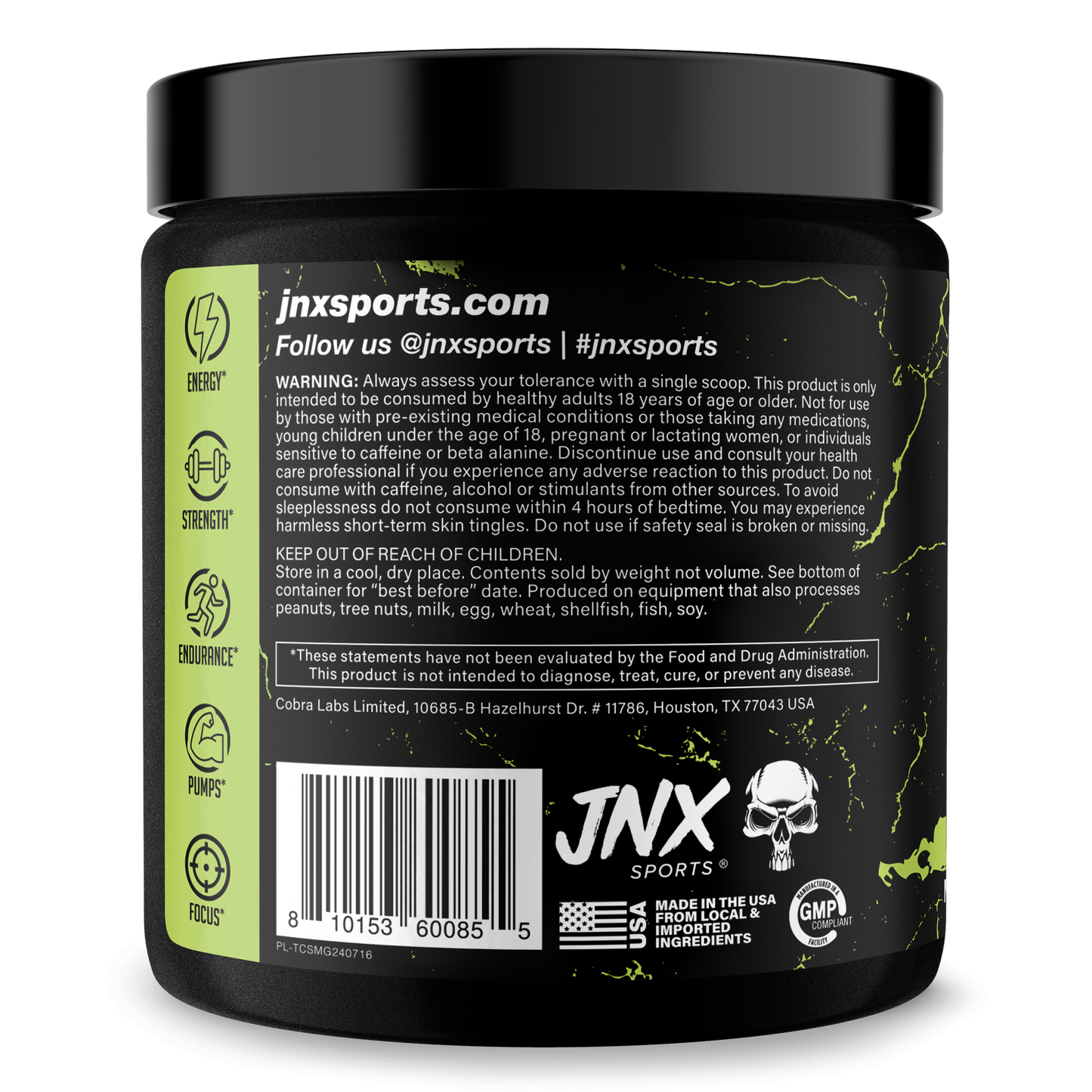 Pre-workout supplement jar, back label with barcode and JNX Sports branding