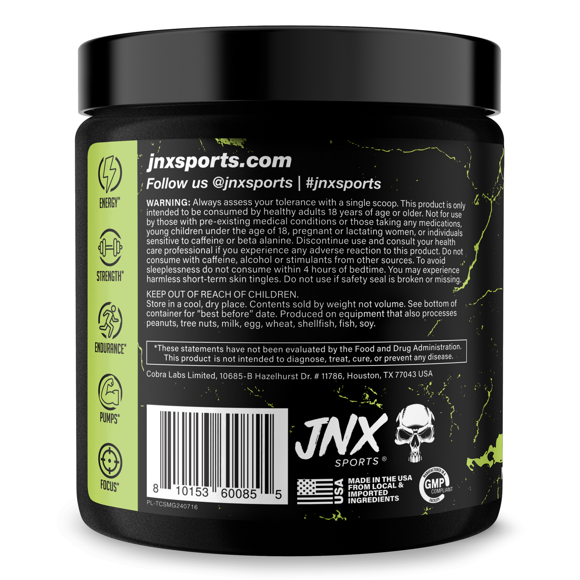 Pre-workout supplement jar, back label with barcode and JNX Sports branding