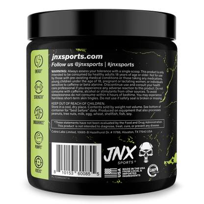 Pre-workout supplement jar, back label with barcode and JNX Sports branding